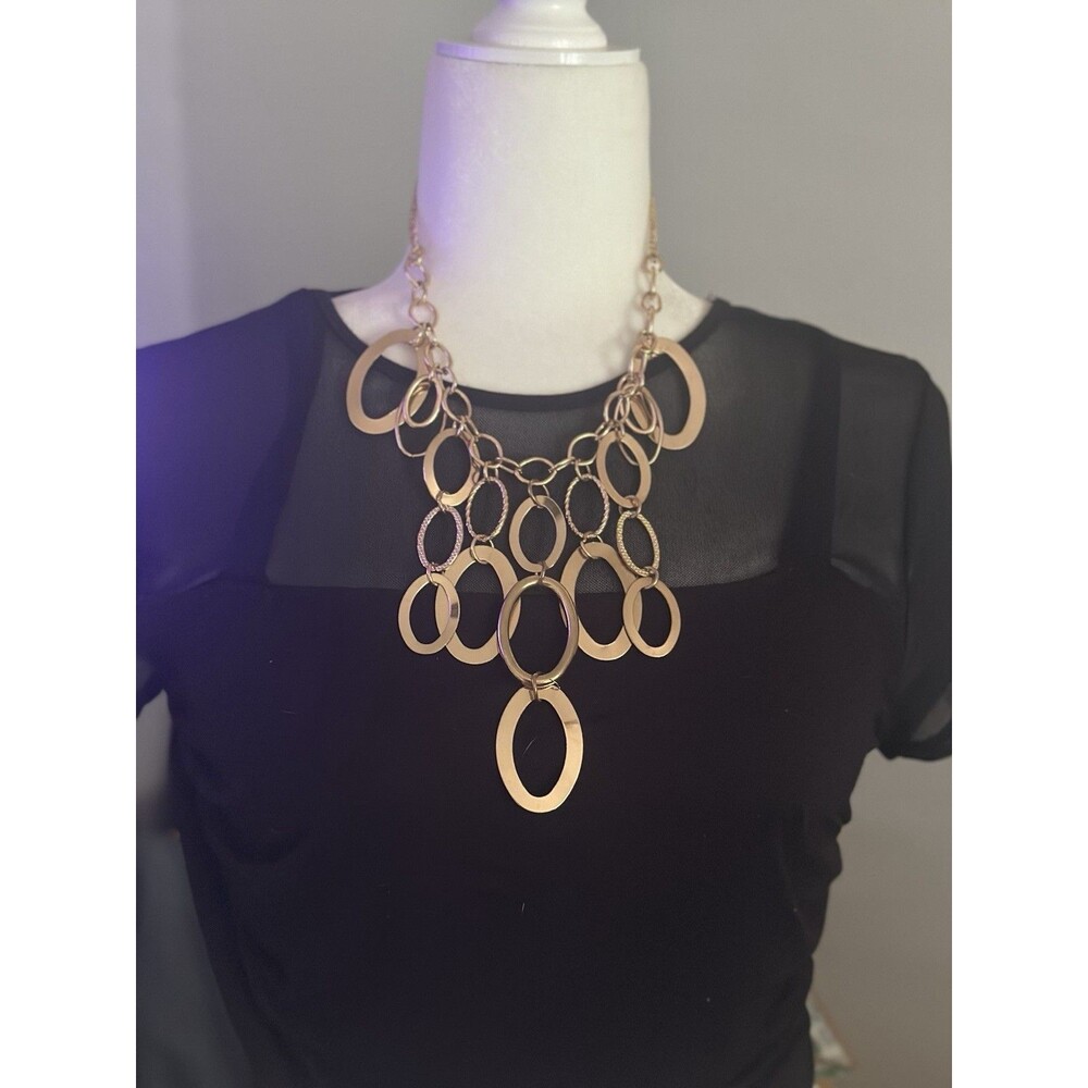 Gold Tone Statement Necklace Multi Layer Oval Link Bib Chunky Fashion Jewelry
